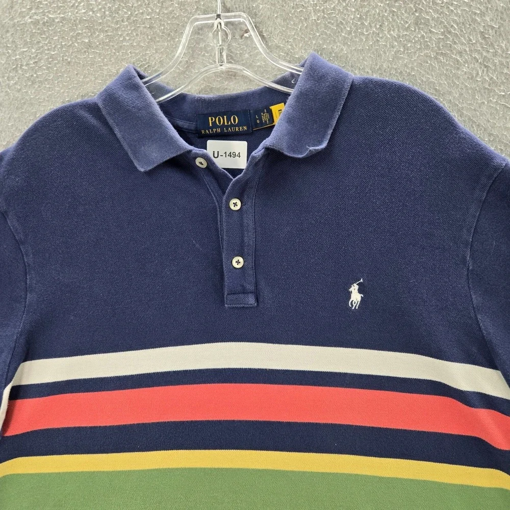 Ralph Lauren Men Polo Shirt Large Blue Striped‎ Collar Short Sleeve Cotton